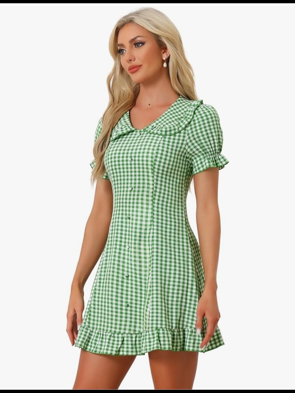 Allegra K Green Gingham Button-Front Mini Dress